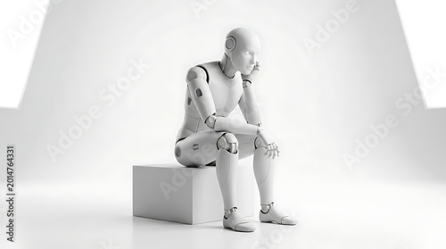 Robot sitting and thinking with its hand on its chin in a modern studio thinking contemplation artificial