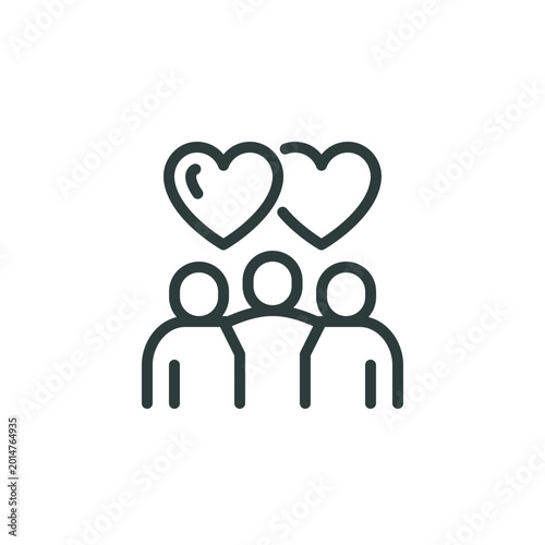 Support group or teammates, friendly team thin outline icon. Minimalist line sign three people hug each other and heart shapes Vector isolated pictogram for web and app or infographic editable stroke.