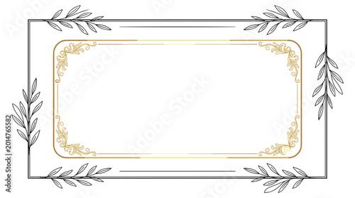 Elegant decorative frame with ornate gold filigree and botanical leaf accents perfect for invitations certificates