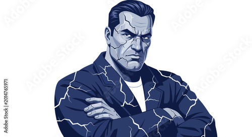 Photos Intense Man with Cracked Skin Texture and Serious Expression, Comic Book Style