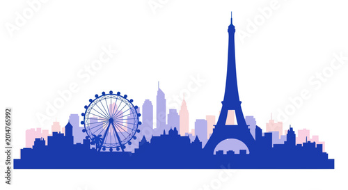 Paris and London Skyline Silhouette, Eiffel Tower and Ferris Wheel, Cityscape Design