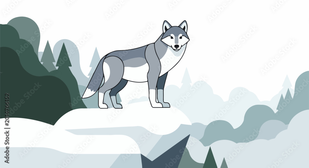 Fototapeta premium Stylized gray wolf stands amidst abstract winter forest and snow