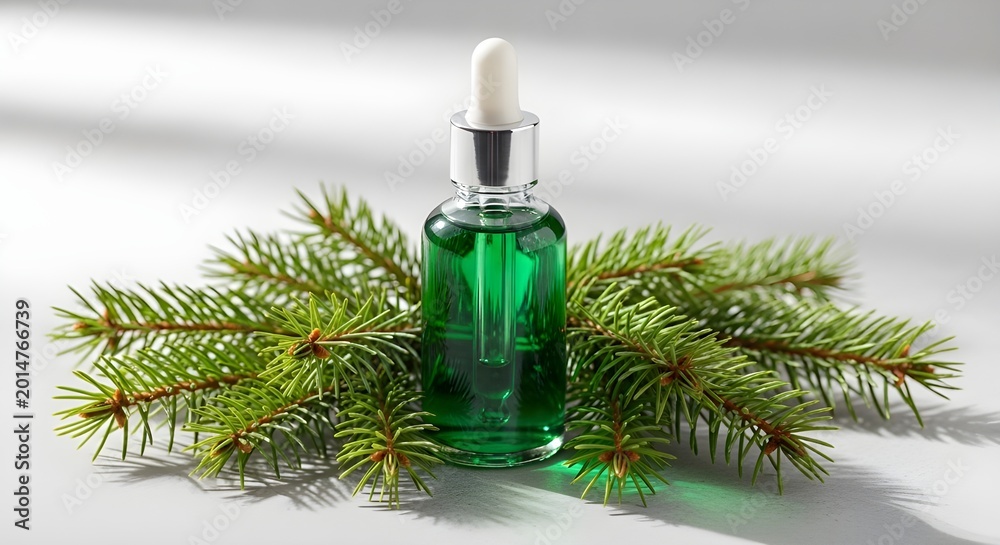Fototapeta premium Editorial photography of a glass dropper bottle with green-tinted oil, spruce branches arranged gently, clean stone surface, spa-inspired lighting
