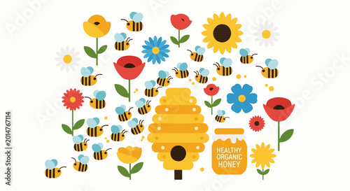 Whimsical bees swarm colorful flowers near a hive and jar of honey