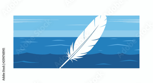 White feather floats over blue water and sky