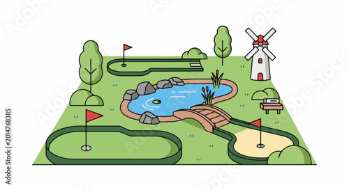 Mini golf course with pond, bridge, flags, windmill, and a bench