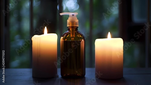 Lit candles and amber cosmetic bottle on dark wooden table.