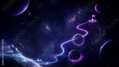 Cosmic Journey Roadmap with Glowing Spheres on Space Galaxy Background