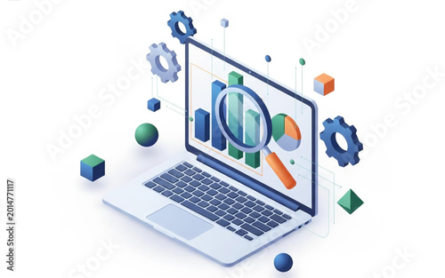 Digital data analysis and business intelligence visualized on a laptop with charts and graphs, representing modern technology and growth