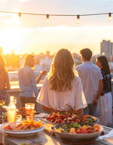 A group gathers on a rooftop at sunset with food and drinks