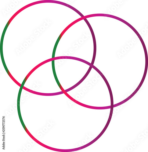 Three overlapping colorful circles forming a perfect symmetrical pattern isolated on white background, Vector, illustration