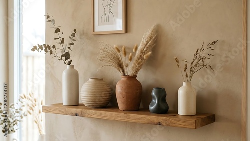Assortment of decorative vases with dried grasses and foliage on a rustic