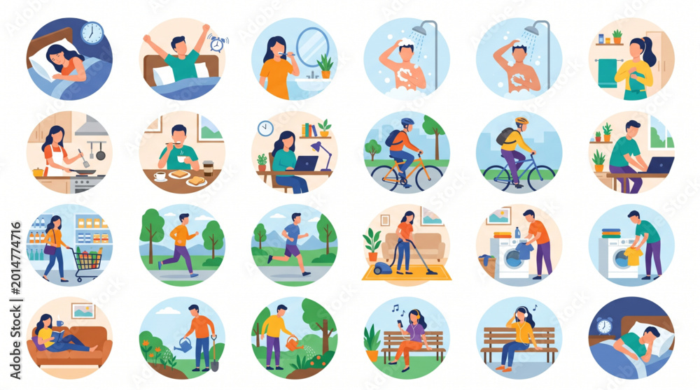 Fototapeta premium Daily routine activities icons set including sleeping eating working exercising cleaning flat vector illustration