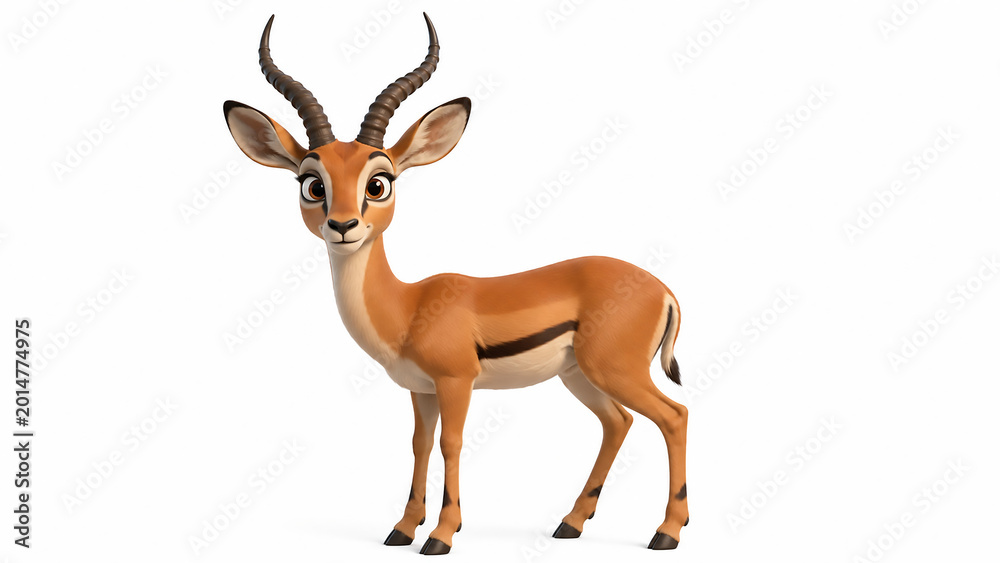 Fototapeta premium Adorable Antelope Cartoon 3D Character Illustration, Cute Gazelle Mascot with Big Eyes on White Background, Stylized Deer Antelope Animal Character Render, Friendly Cartoon Safari Animal Isolated