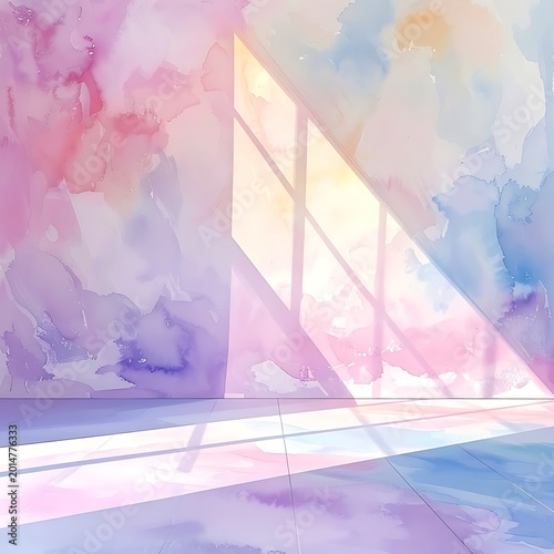 A pastel-colored abstract artwork with a window