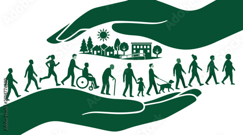 Diverse group of people of all ages and abilities walking together under protective hands, symbolizing community and care.