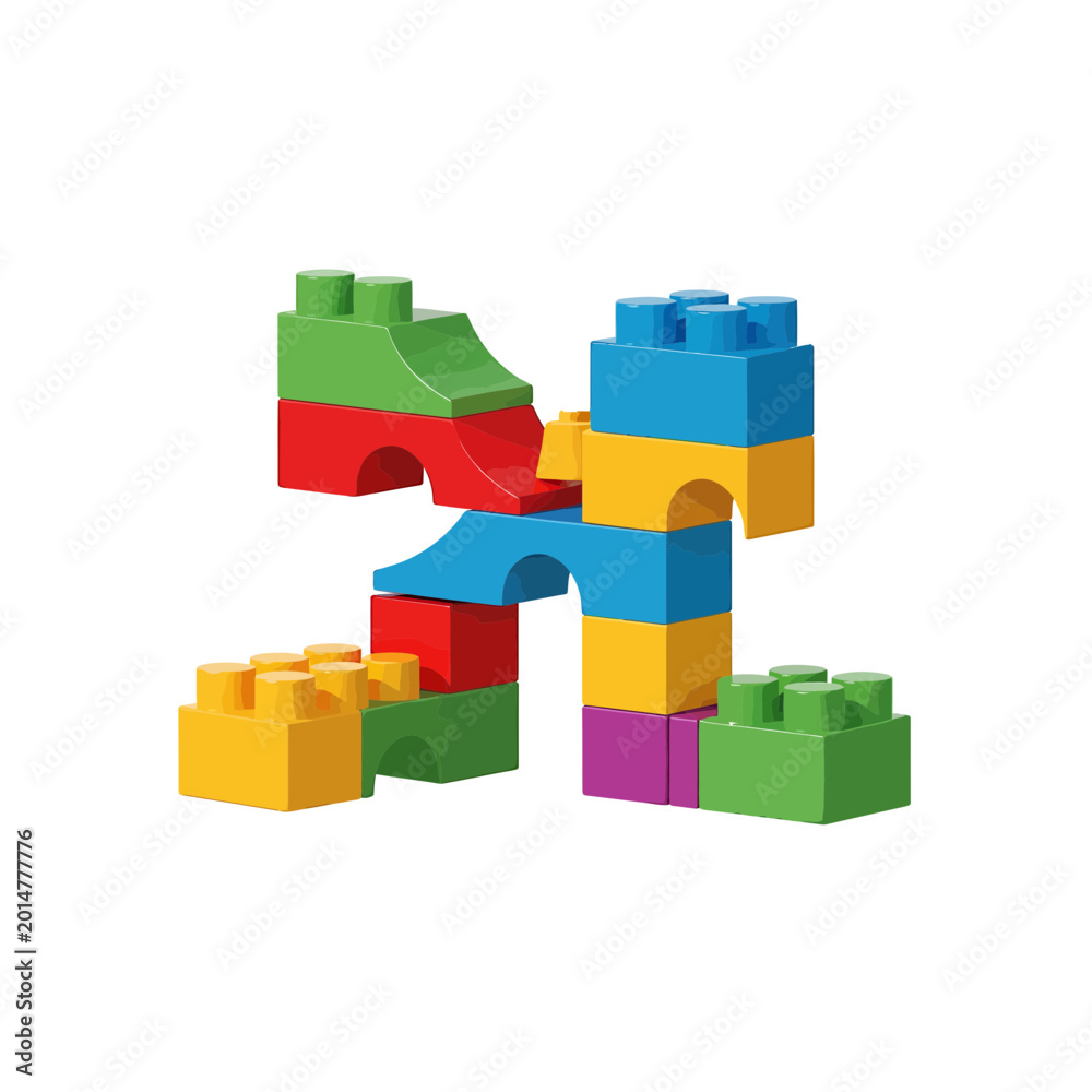 Fototapeta premium Multicolored Toy Building Blocks Construction Isolated on White