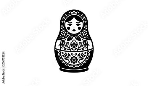 Fotografie Black and white illustration of a traditional russian matryoshka doll with flora
