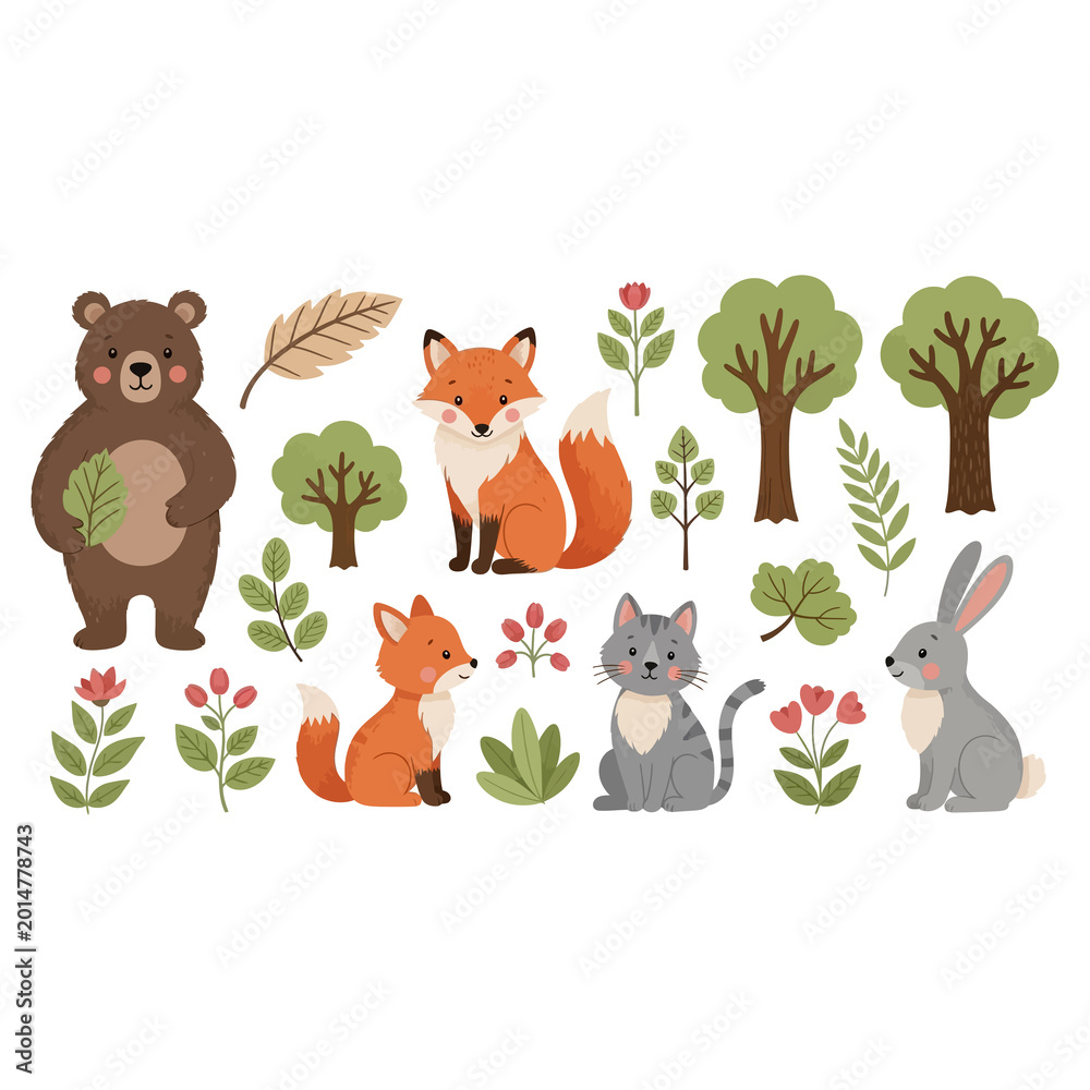 Naklejka premium Whimsical forest animals and foliage, featuring a bear, foxes, cat, and rabbit
