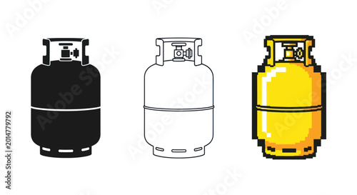 Photos LPG Gas Cylinder Icons: Black Silhouette, Outline, and Pixel Art Styles