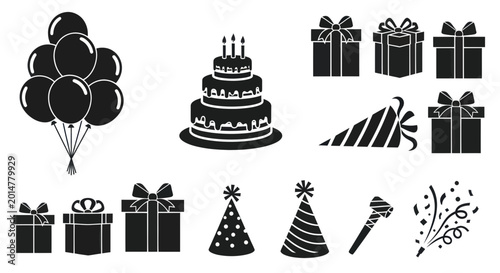 Bilde på lerret Birthday Party Icons: Balloons, Cake, Gifts, Hats, Confetti, Party Blower