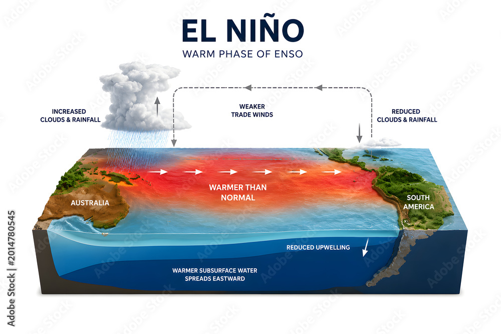 Obraz premium 3D Infographic Diagram of El Niño Southern Oscillation (ENSO) Climate Pattern in the Pacific Ocean