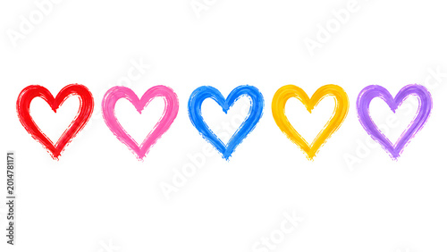 Five Expressive Multi-Colored Hearts Drawn with Creative Brushstrokes