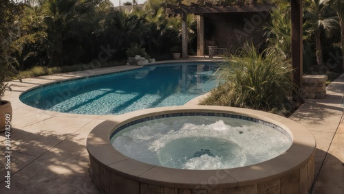 Luxurious backyard with a swimming pool, hot tub, greenery, and shaded lounge area