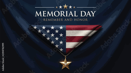 Memorial Day badge features a folded American flag with a golden military star medal centered below.