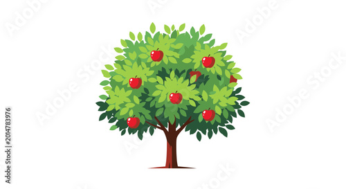 Billede på lærred Healthy Apple Tree with Ripe Red Apples and Green Leaves on White Background