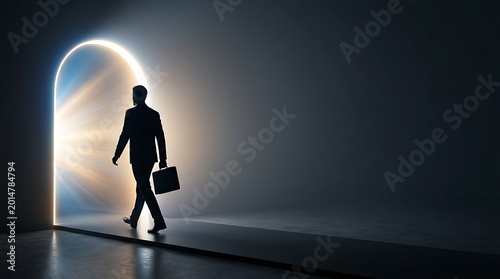 Businessman holding briefcase walking into bright glowing archway portal in dark room.