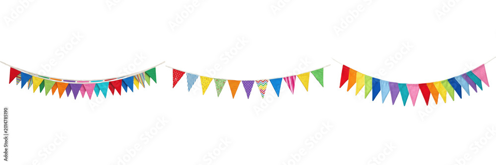 Fototapeta premium Set of Three Colorful Bunting Flag Banners Isolated on White Background, Festive Party Garland Decorations, Rainbow Triangle Flags for Birthday, Celebration, Carnival, and Holiday Event Graphic Design