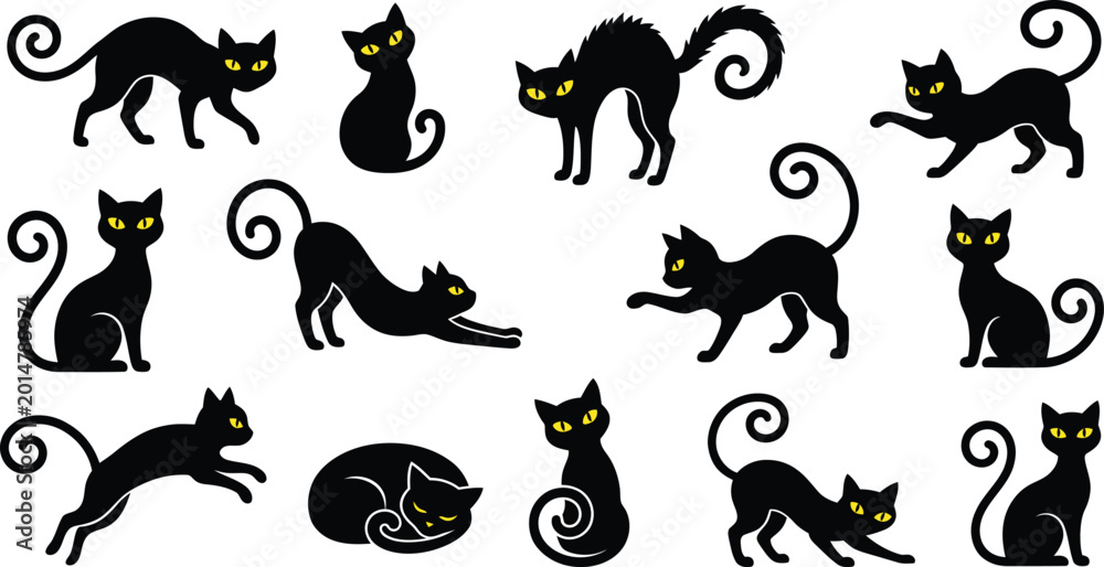 Obraz premium Collection of black cats in various poses isolated on white background