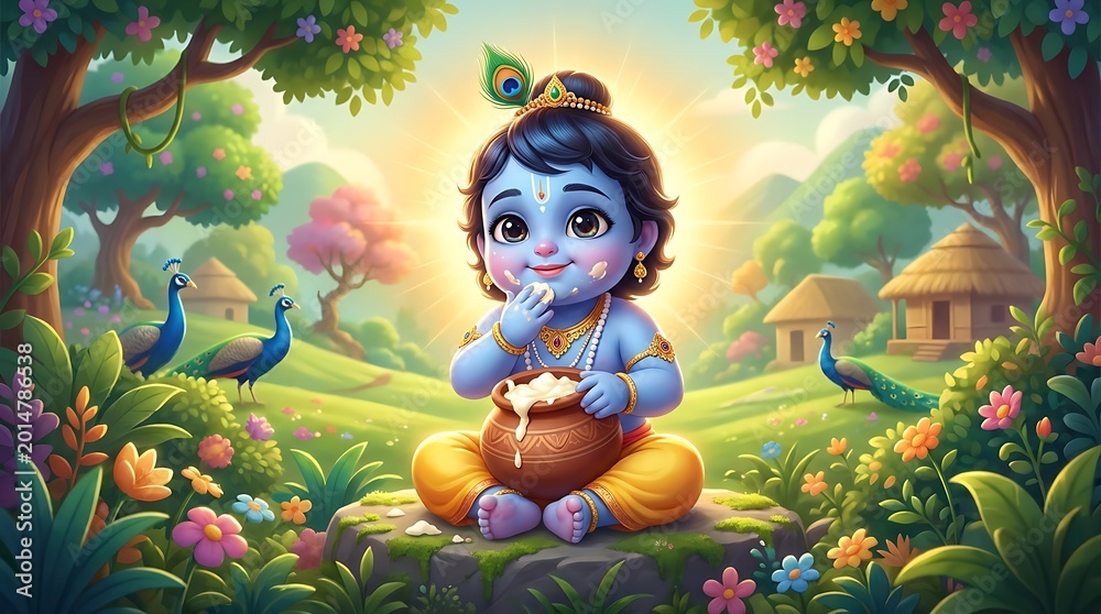 Naklejka premium Cute Baby Krishna with Butter Pot Cartoon Illustration
