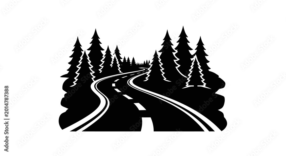 Obraz premium A winding road through a dense forest of pine trees, depicted in a striking black and white silhouette style.
