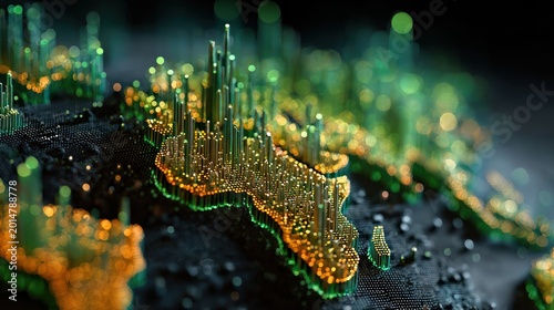 Abstract 3D digital map of Africa with glowing golden and green data bars symbolizing technological growth and connectivity in a dark environment