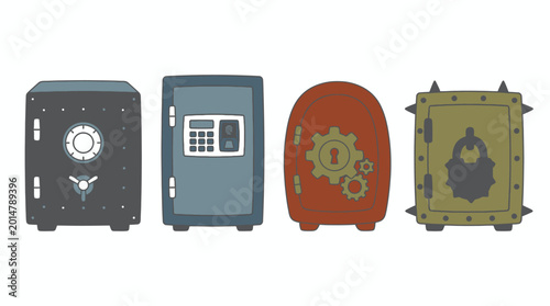 Heavy Metal Safe Vault Vector Set for Secure Bank Deposits, Financial Protection and Asset Wealth Concept