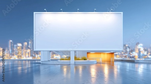 Modern Rooftop Urban Skyline with Large Empty Billboard at Night