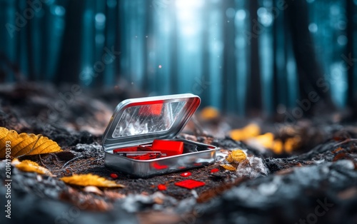 Survival Kit in Forest with First Aid Supplies and Emergency Tools