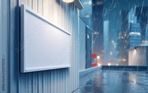 Rainy Urban Scene With Empty Billboard and Modern City Background