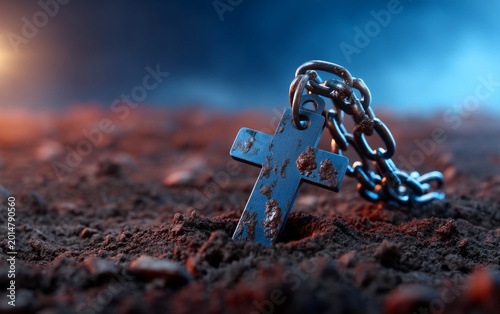 Cross and Chain Buried in Dirt with Dramatic Lighting and Background