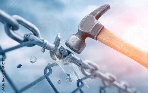 Hammer Breaking Chain Link in Metal Fence Fastening