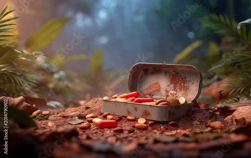 Open metal pill container with scattered capsules and tablets in nature setting