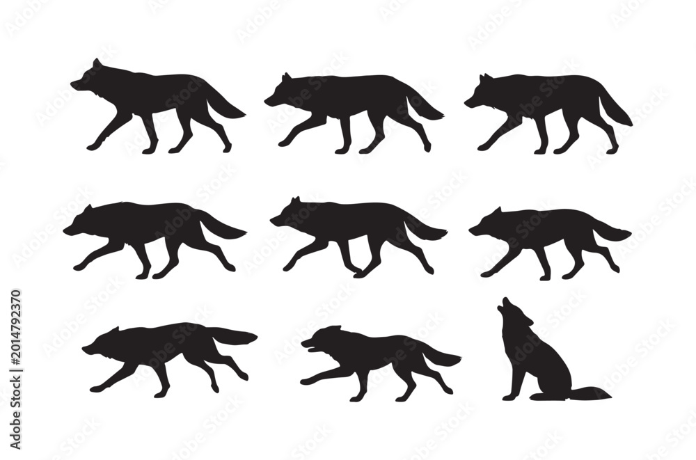 Obraz premium Wolf silhouettes collection black shapes on a white background