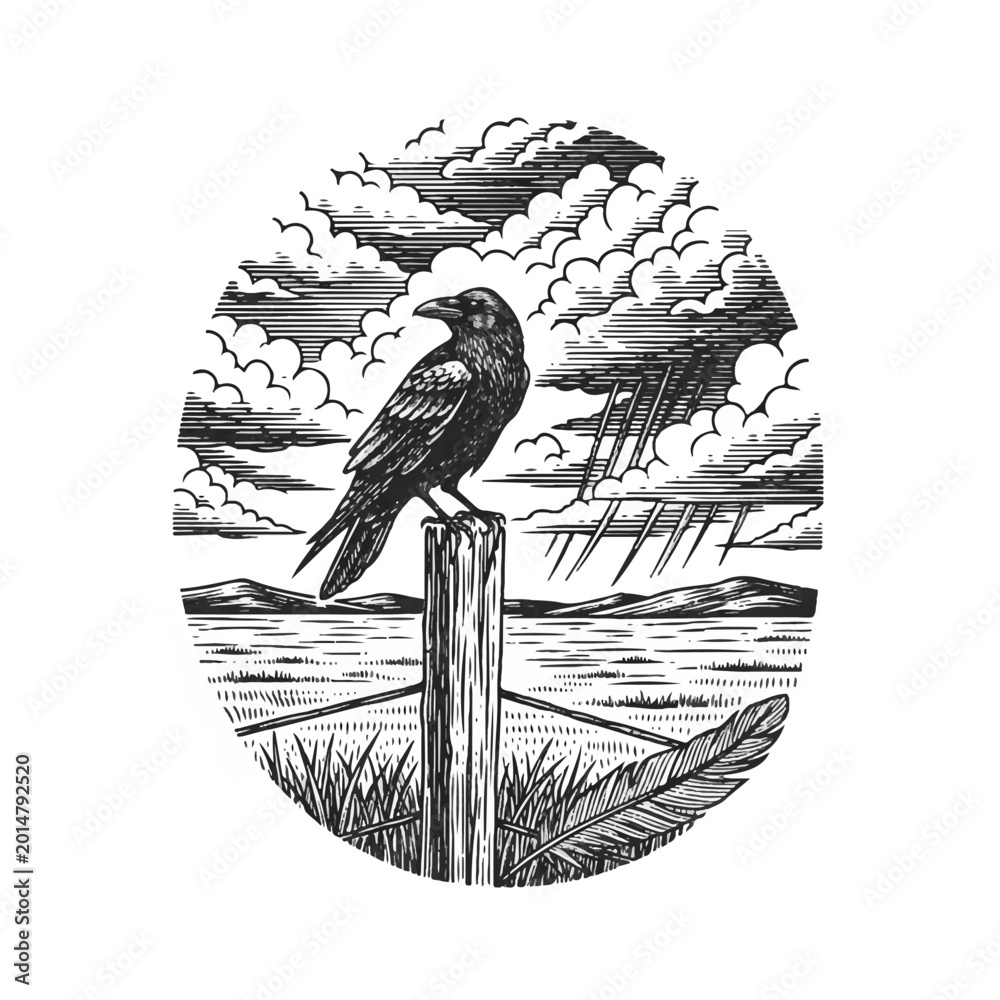 Obraz premium Black bird sitting on wooden post.