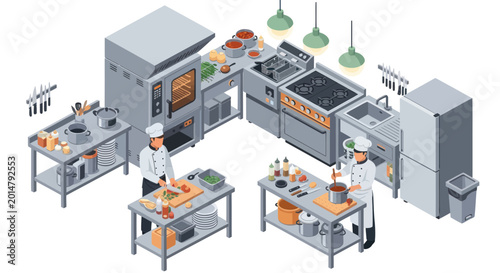Professional Kitchen Isometric Illustration: Chefs Cooking, Equipment, Food Preparation