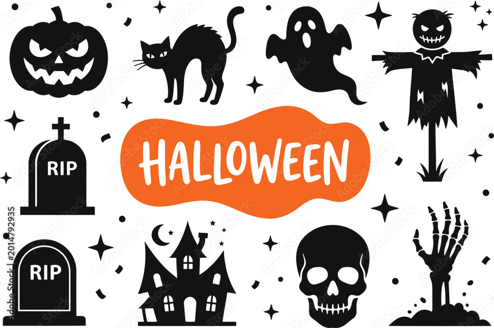 Obraz premium Halloween icons and symbols on white background with orange text