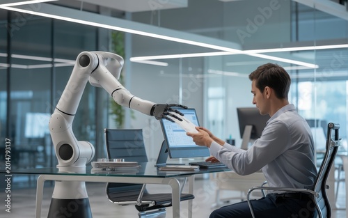Engineer operating robotic arm in modern laboratory with computer monitoring
