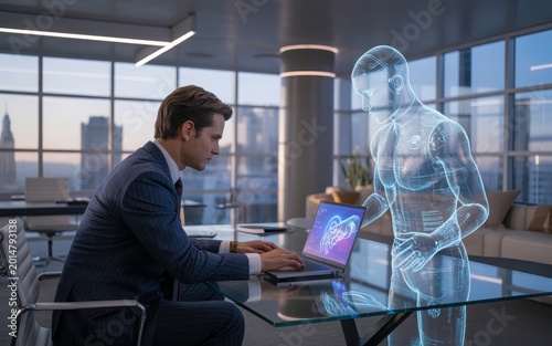 Man in suit interacts with futuristic holographic AI assistant in modern office