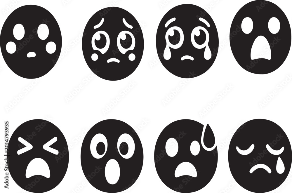 Fototapeta premium Collection of Sad and Emotional Emoji Icons Vector Set Featuring Crying Shocked and Worried Faces in Black and White Minimalist Style for User Feedback Mental Health and Digital Design Apps